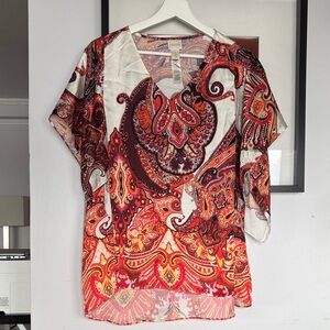 Chico's Red and Orange Paisley V-Neck Blouse